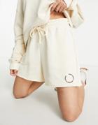 Topshop Raw Hem Sweat Shorts With Logo Branding In Ecru - Part Of A Set-white