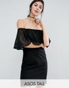 Asos Tall Off Shoulder Lace Dress With Frill Detail - Black