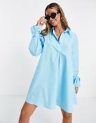 Asos Design Cotton Poplin Trapeze Mini Shirt Dress In Turquoise-blue