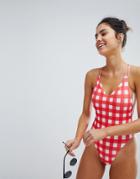 Asos Design Red Gingham Print Cross Back High Leg Swimsuit-multi