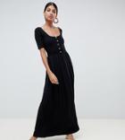 Asos Design Tall Mixed Fabric Maxi Dress With Tortoiseshell Buttons - Black