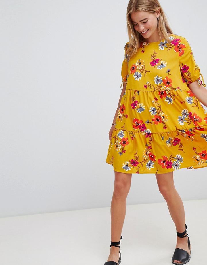 Qed London Floral Print Shift Dress - Yellow