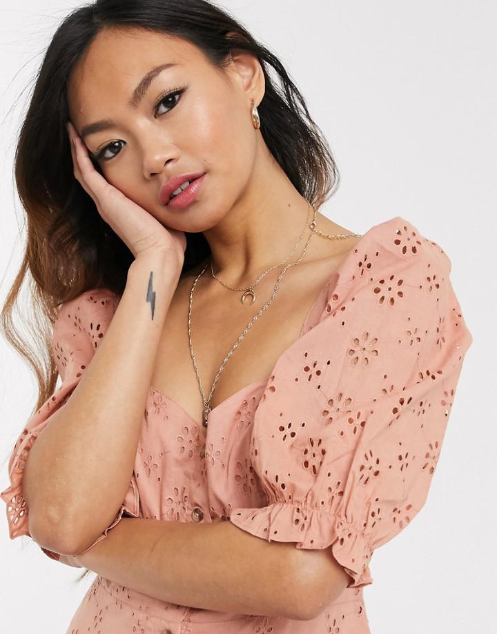Asos Design Button Through Broderie Midi Dress In Dusky Pink