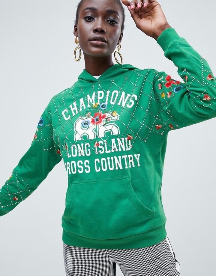 Asos Design Hoodie With Embroidery And Embellishment - Green