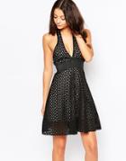 Lipstick Boutique Cross Front Skater Dress In Cutwork Scuba - Black