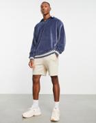 Asos Design Oversized Velour Rugby Sweatshirt With Tipping In Blue