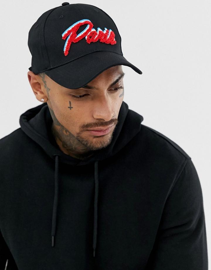 Asos Design Baseball Cap In Black With Paris Embroidery - Black