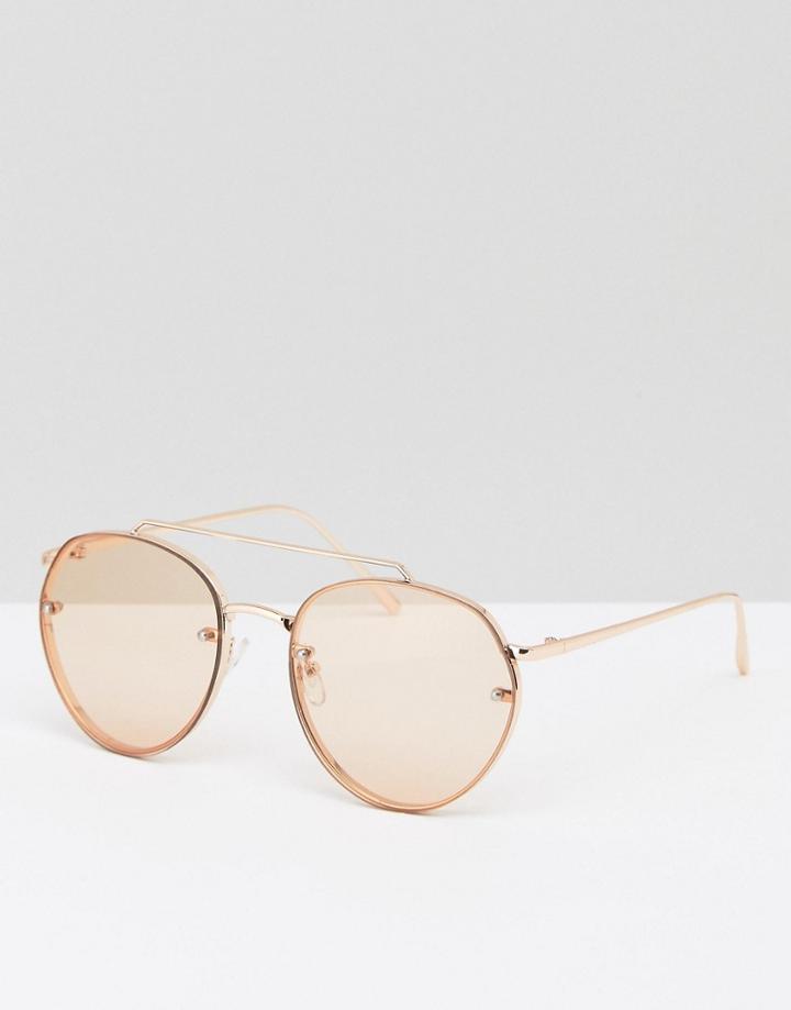 Asos Aviator Sunglasses In Rose Gold Metal With Laid On Lens - Gold