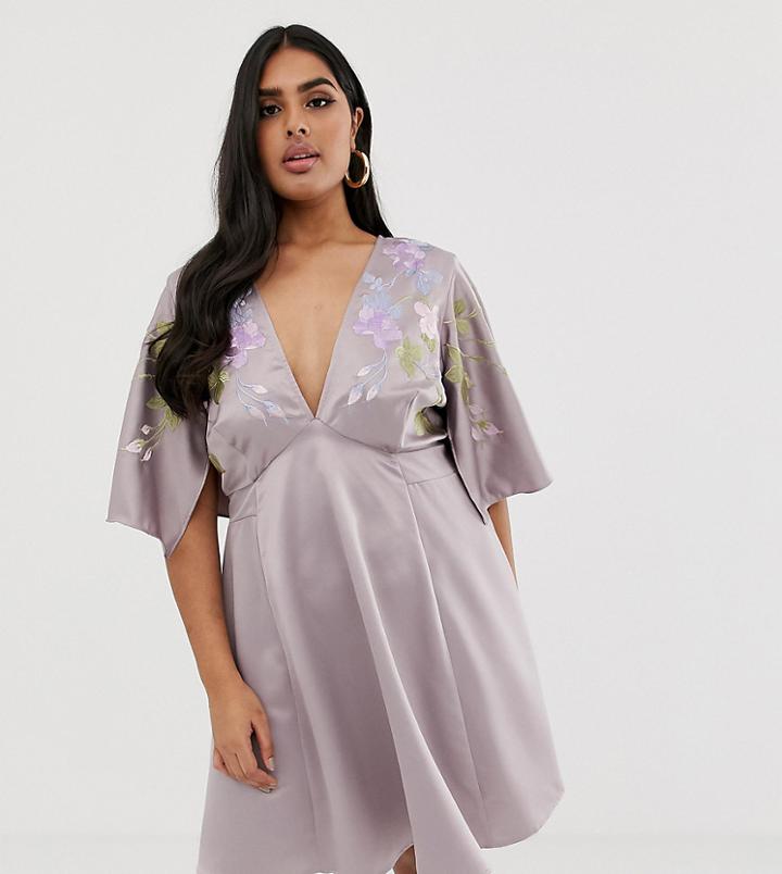 Asos Design Curve Exclusive Cape Sleeve Embroidered Mini Dress-purple