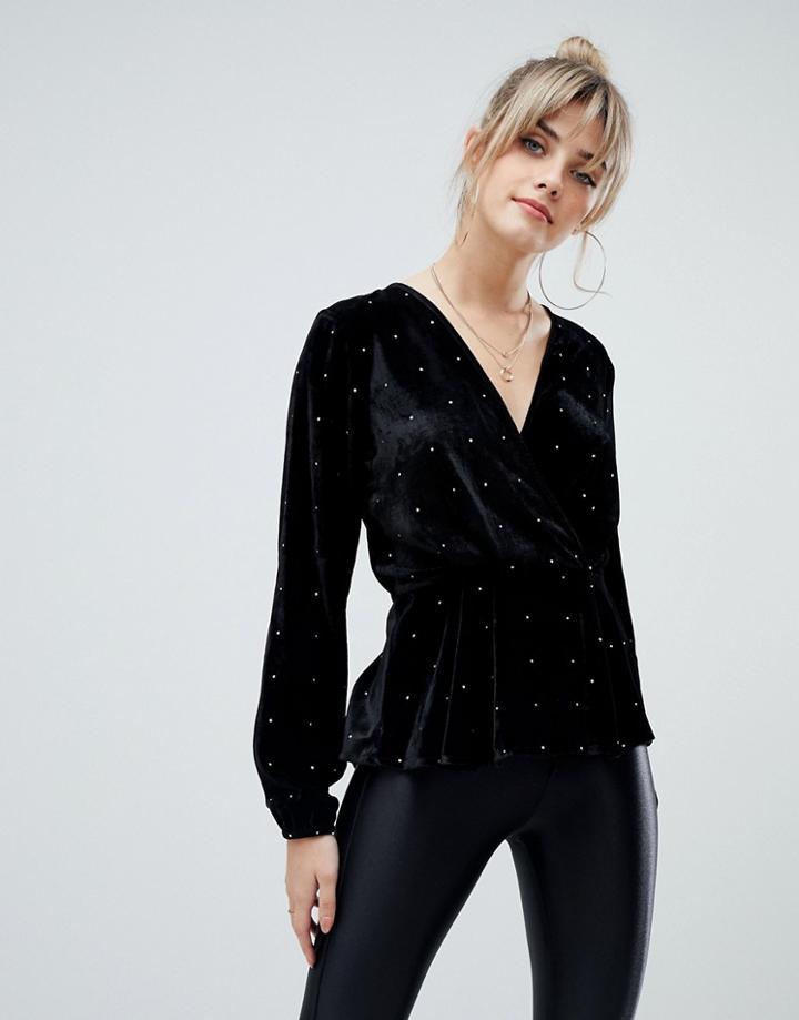 Asos Design Velvet Wrap Top With Hot Fix - Black