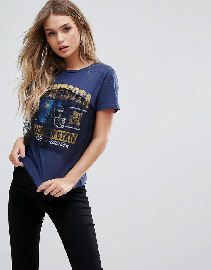 Brave Soul Northstar T Shirt With Lace Frill Overlay - Navy