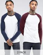 Asos 2 Pack Long Sleeve T-shirt With Contrast Raglan Save - White