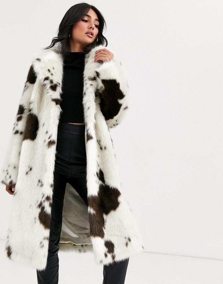 Asos Design Cow Print Faux Fur Midi Coat-white