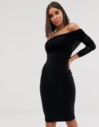 Club L London Off Shoulder Ruched Mini Dress In Black - Black