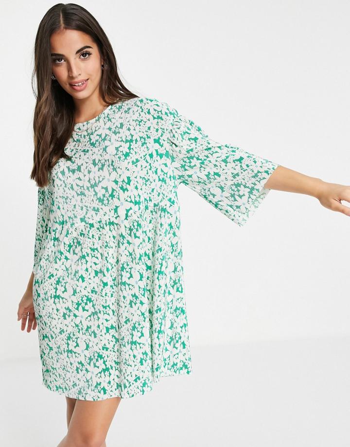 Asos Design Plisse Mini Smock Dress In Green Ditsy Floral Print