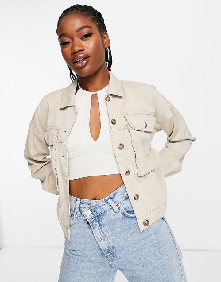 Noisy May Ellen Denim Jacket With Pockets In Stone-neutral