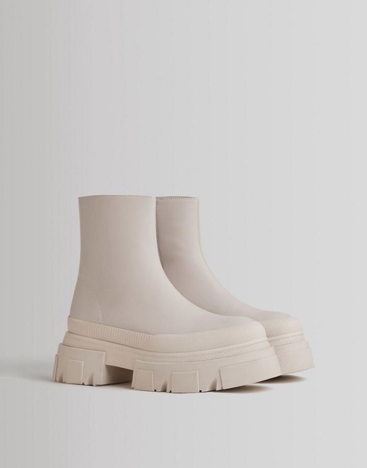 Bershka Chunky Ankle Pull On Ankle Boots In Cream-white