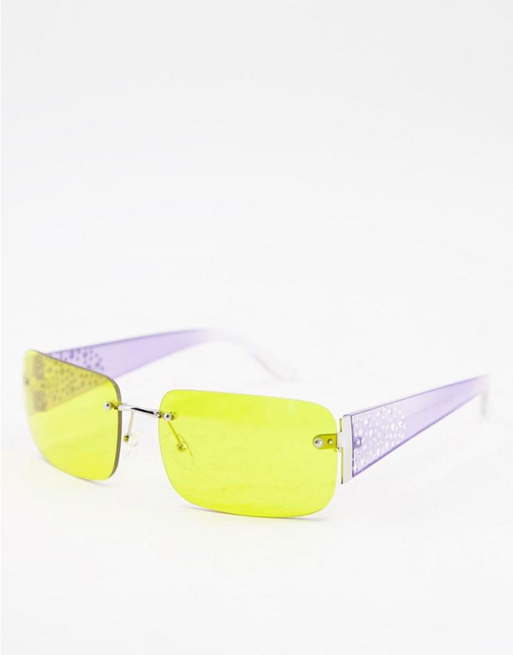 Asos Design Rimless Square Fashion Glasses With Embellished Temple Detail In Yellow Lens-multi