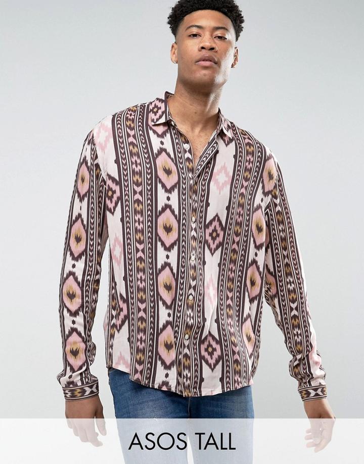 Asos Tall Oversized Viscose Shirt With Geo-tribal Print - Pink