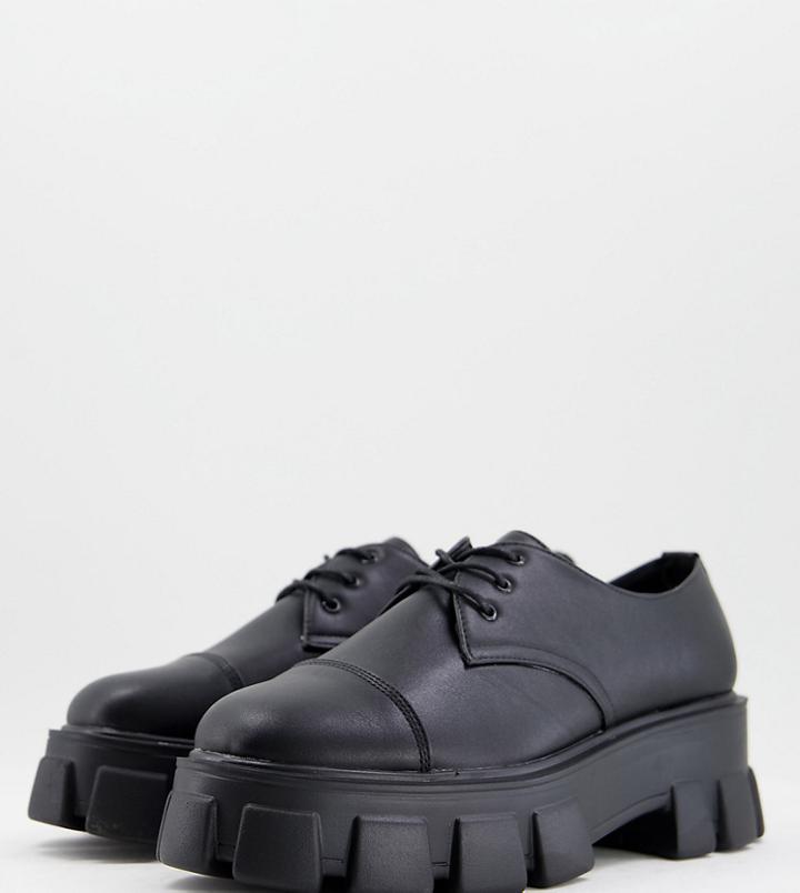 Truffle Collection Wide Fit Super Chunky Lace Up Shoes In Back Faux Leather-black