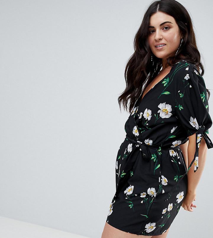 Influence Plus Floral Wrap Romper With Puff Tie Sleeve - Red