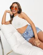 Stradivarius Crochet Cropped Halter Top In Ecru-white