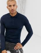 Asos Design Muscle Fit Long Sleeve Polo In Navy - Navy