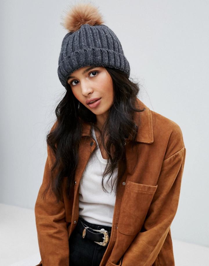 Boardmans Knitted Pom Pom Beanie Hat - Gray