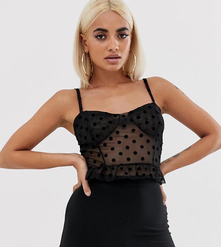 Prettylittlething Petite Bralette Top In Black Mesh Polka Dot - Black
