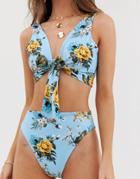 Prettylittlething Exclusive High Waisted Bikini Bottom In Blue Floral - Multi
