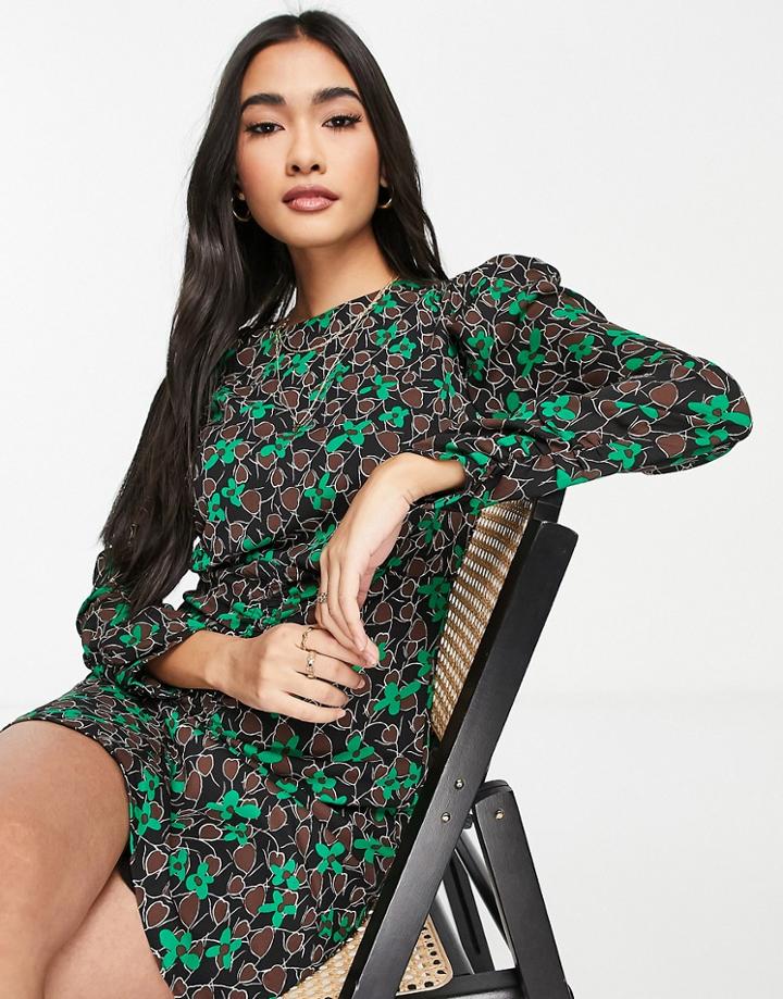 Mango Long Sleeved Shift Mini Dress In Green Print