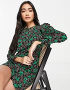 Mango Long Sleeved Shift Mini Dress In Green Print