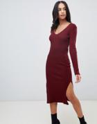 Asos Design Midi Dress With V-neck In Rib Knit - Red