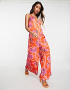 Topshop Large Outlined Plunge Jumpsuit In Pink And Red