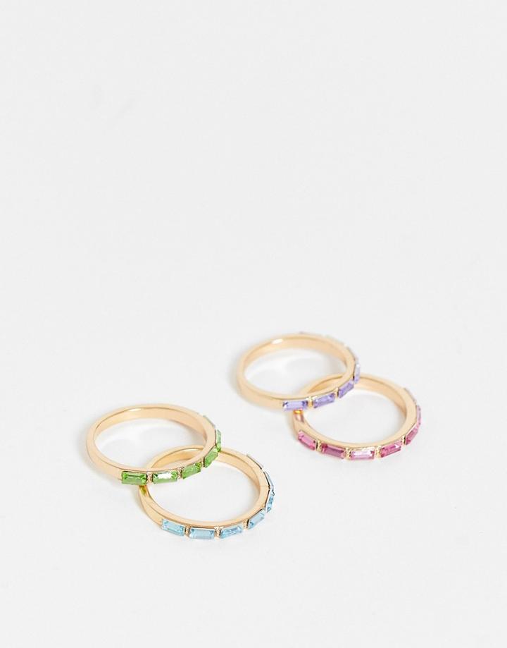 Asos Design Pack Of 4 Rings With Baguette Design In Multi