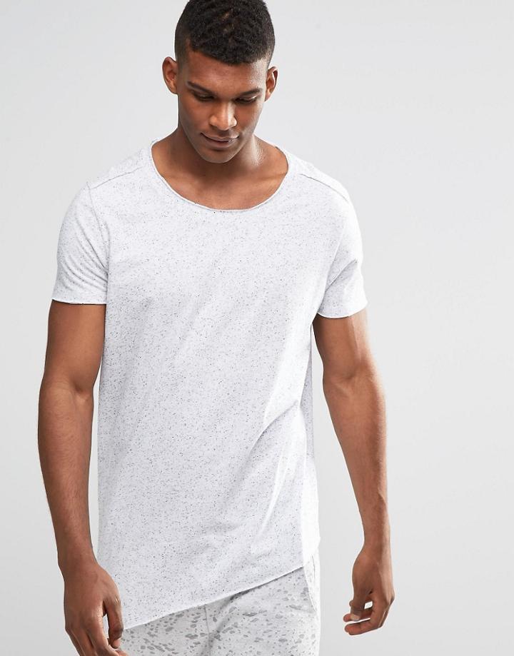 Asos Longline T-shirt With Asymmetric Hem In Nepp Fabric And Raw Edge With Scoop Neck - White