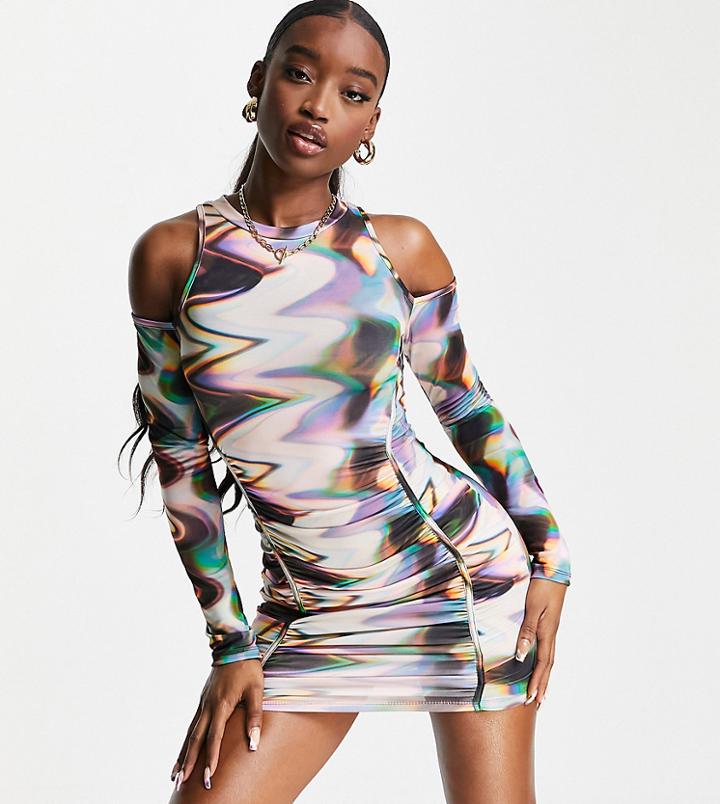 Asyou Cold Shoulder Ruched Mini Dress In Abstract Print-purple