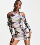 Asyou Cold Shoulder Ruched Mini Dress In Abstract Print-purple