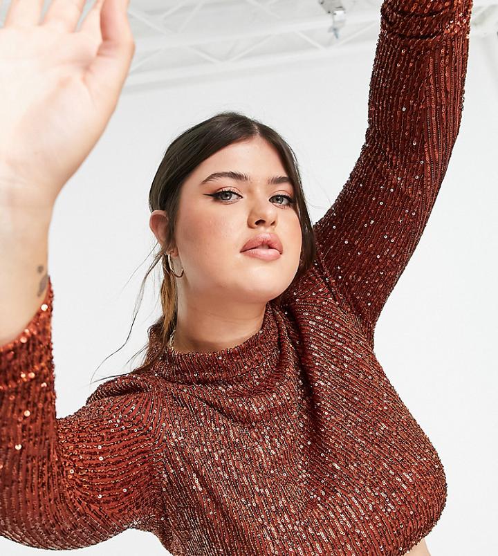In The Style Plus Exclusive Sequin High Neck Top In Tobacco-brown