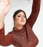 In The Style Plus Exclusive Sequin High Neck Top In Tobacco-brown