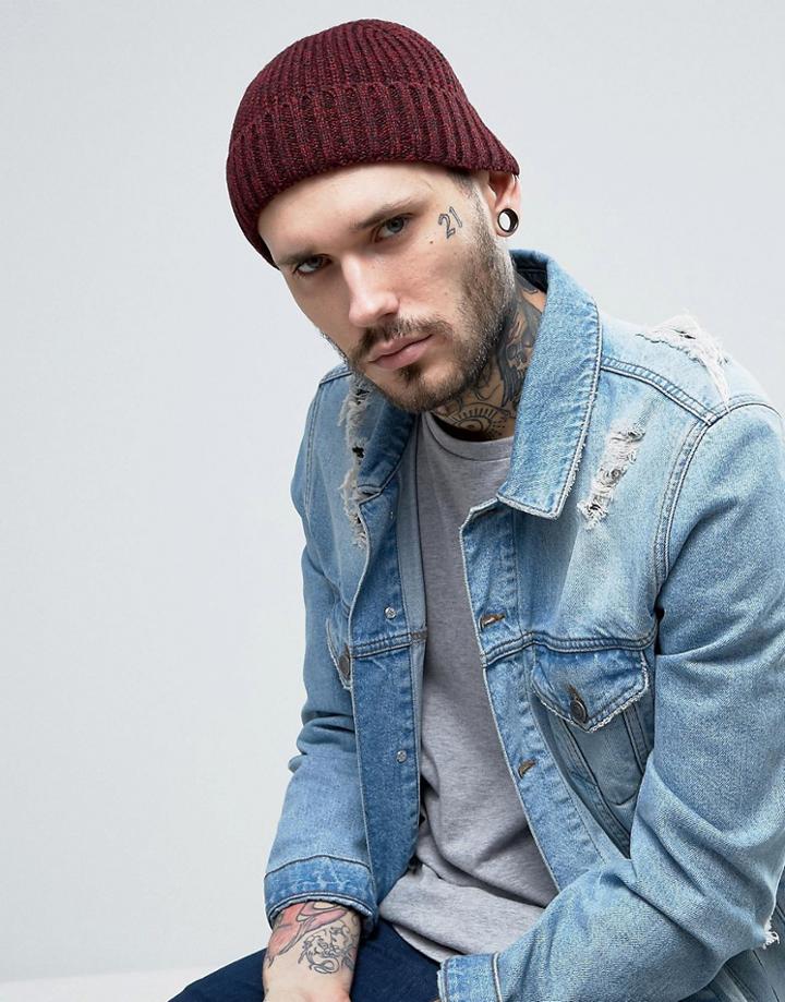 Asos Fisherman Beanie In Rib Knit Burgundy - Red