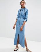 Asos Denim Maxi Shirt Dress In Light Blue Wash - Light Wash Blue