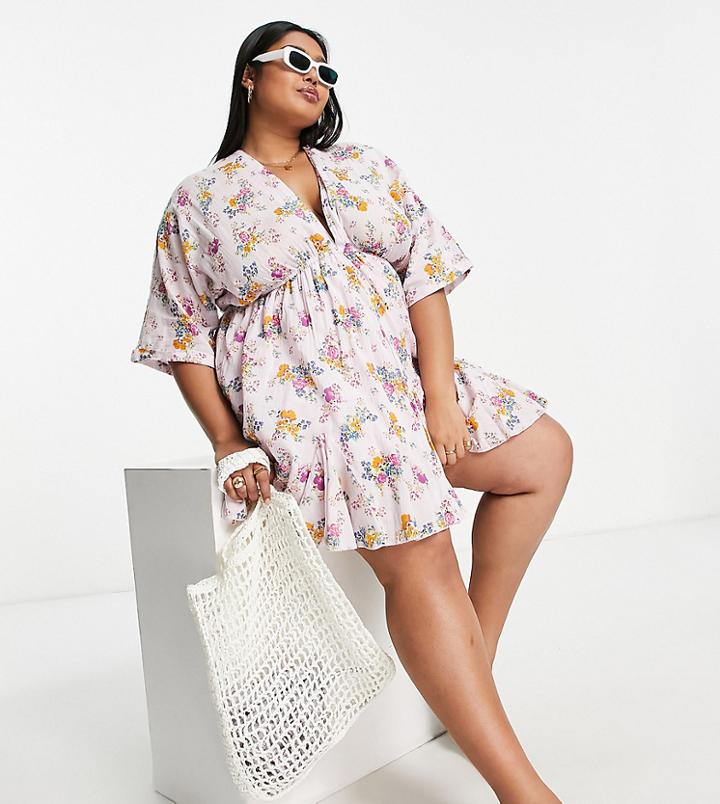 Asos Design Curve V Front V Back Godet Skater Mini Dress In Summer Ditsy-multi