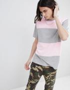 Asos Design Relaxed Longline T-shirt With Color Block In Pink/ Gray - Pink