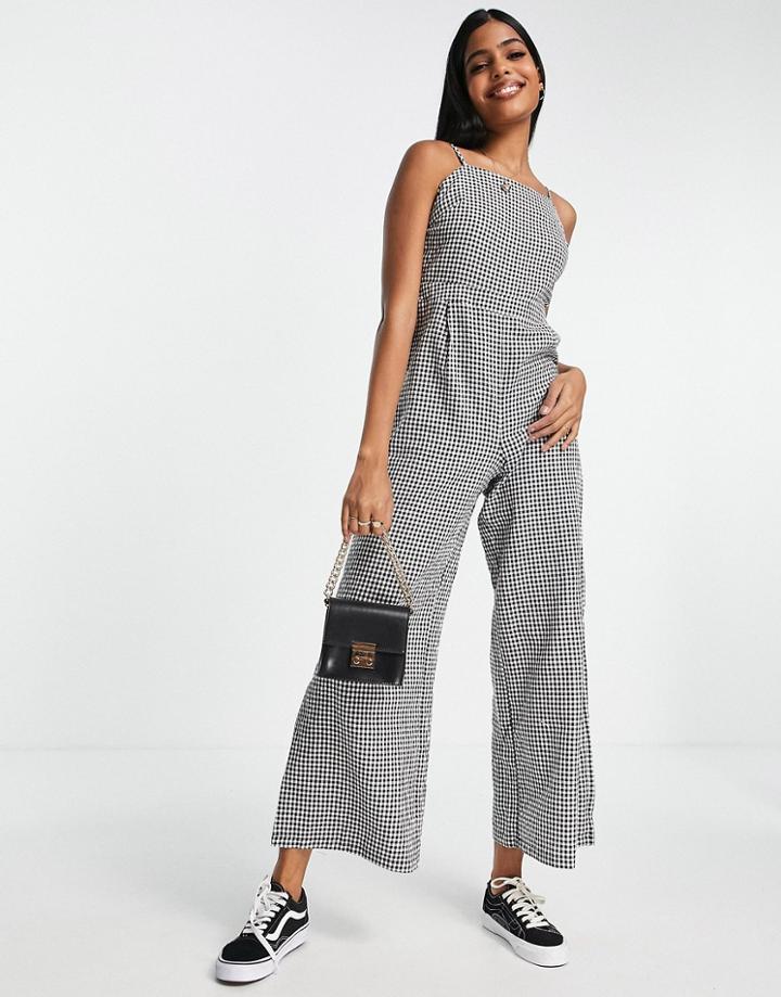 Qed London Strappy Back Wide Leg Jumpsuit In Gingham Print-black