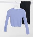 Asos Design Petite Slim Fit Long Sleeve Crop Top With Lettuce Edge In Blue