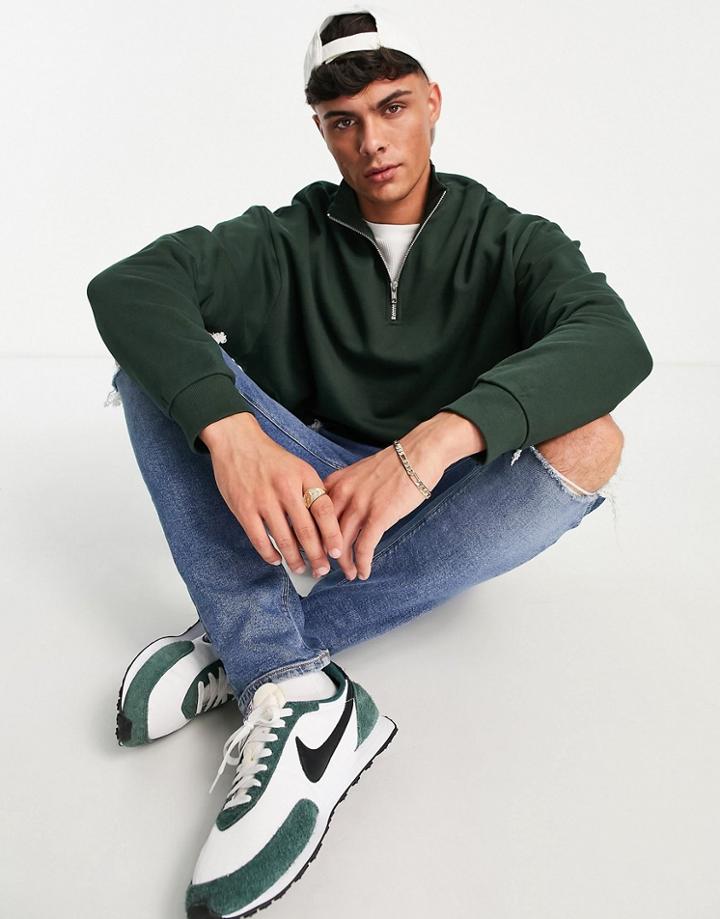 Asos Design Oversized Half Zip Sweatshirt In Dark Green