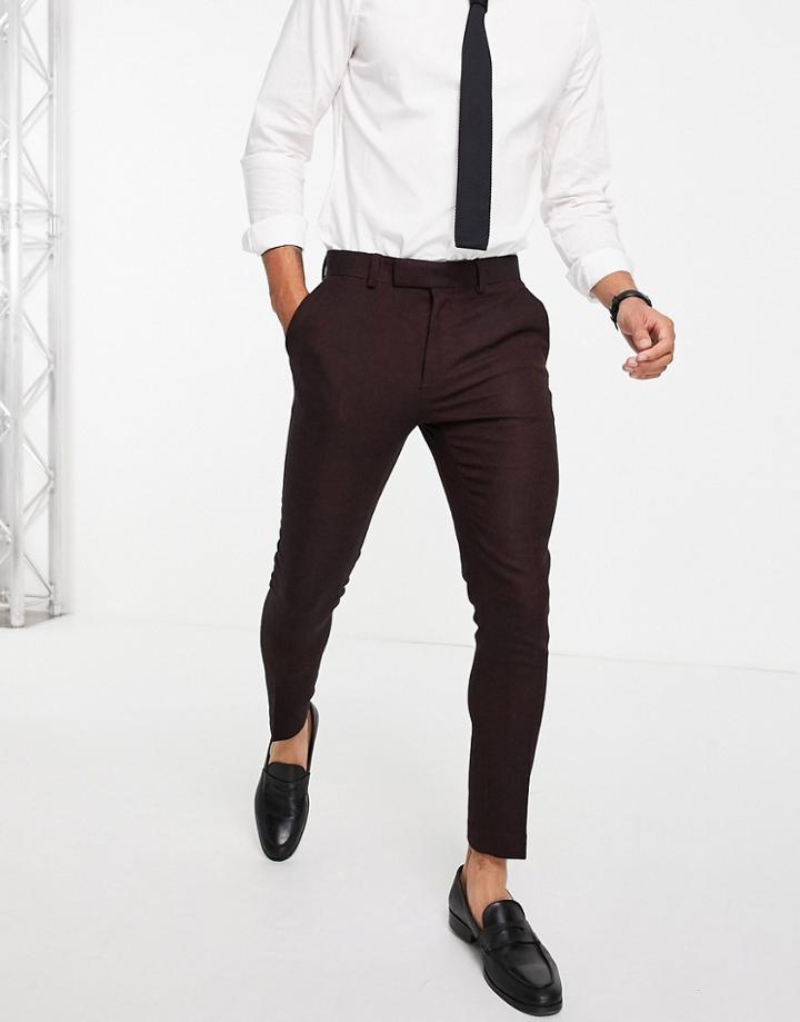 Asos Design Wedding Super Skinny Wool Mix Suit Pants In Burgundy Twill-red
