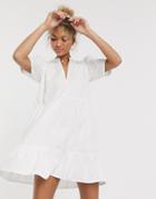 Asos Design Cotton Tiered Mini Smock Dress In White