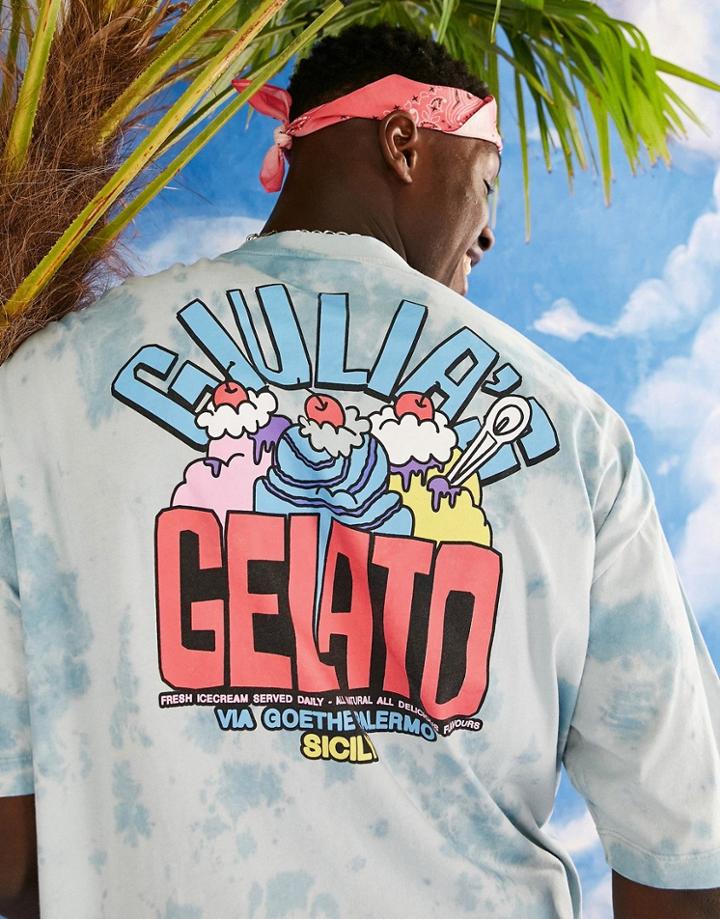 Asos Design Oversized T-shirt In Blue Tie Dye With Cartoon Gelato Front Print
